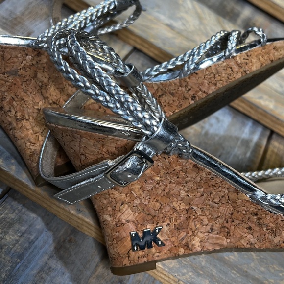 EUC [Michael Kors] Braided < Palm Beach > Silver Strappy Cork Wedge Sandals | 7 - Picture 7 of 13